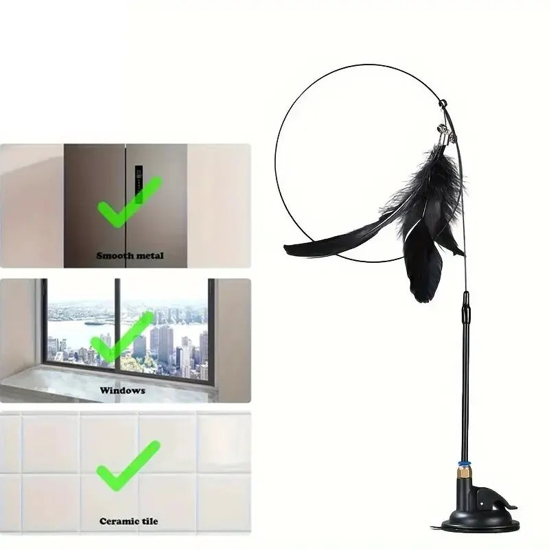 Interactive Cat Teaser Wand with Bell & Feather, Long Suction Cup Pole Toy for Indoor Cats Playtime