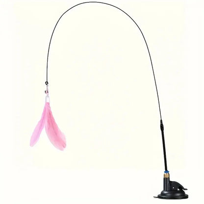 Interactive Cat Teaser Wand with Bell & Feather, Long Suction Cup Pole Toy for Indoor Cats Playtime