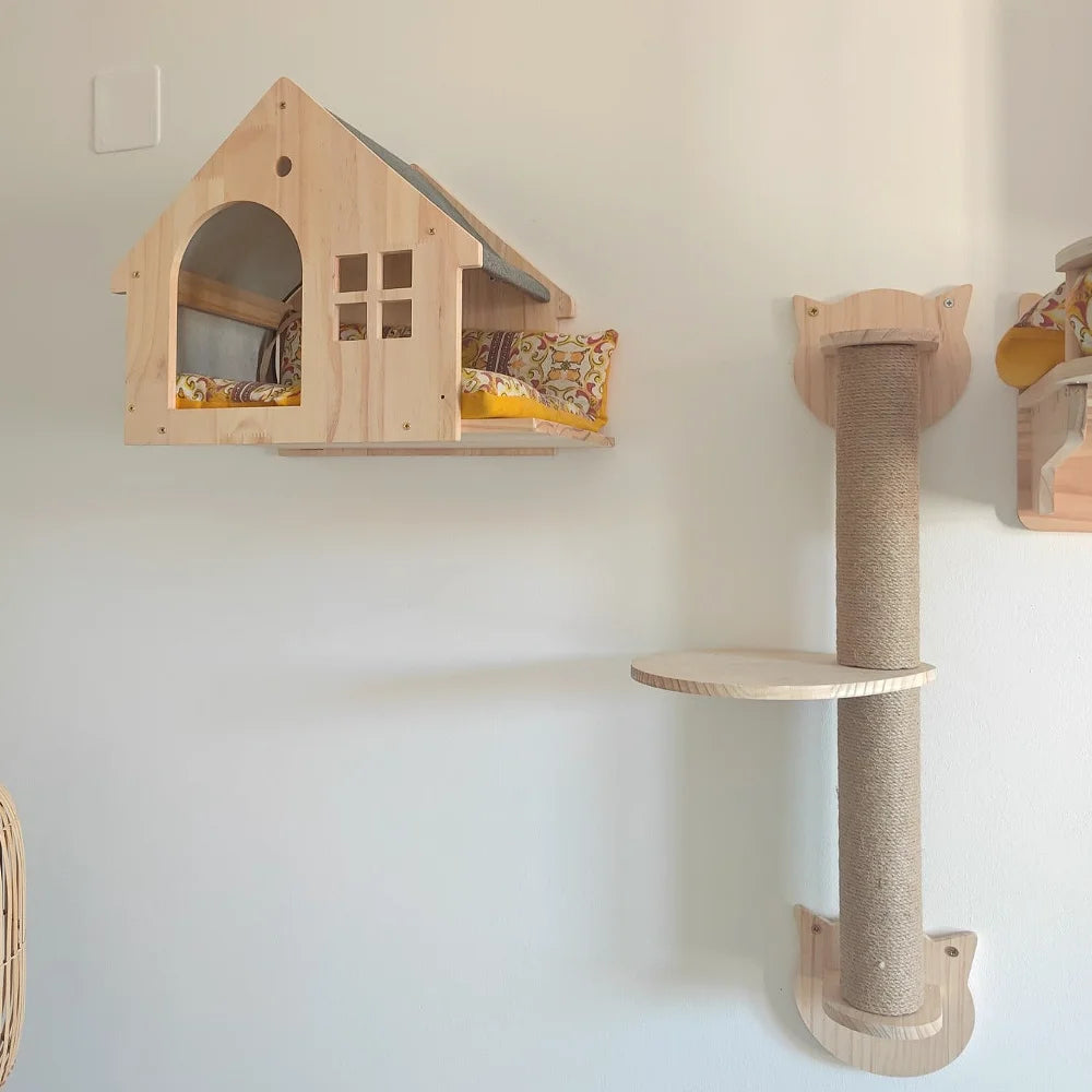 Wall Mounted Cat Climbing Shelves Cat House Cat Bridge Cat Hammock with Scratching Post and Pedals or Stairway for Kittens