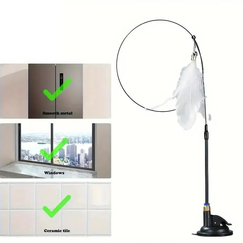 Interactive Cat Teaser Wand with Bell & Feather, Long Suction Cup Pole Toy for Indoor Cats Playtime