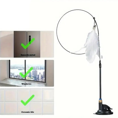 Interactive Cat Teaser Wand with Bell & Feather, Long Suction Cup Pole Toy for Indoor Cats Playtime