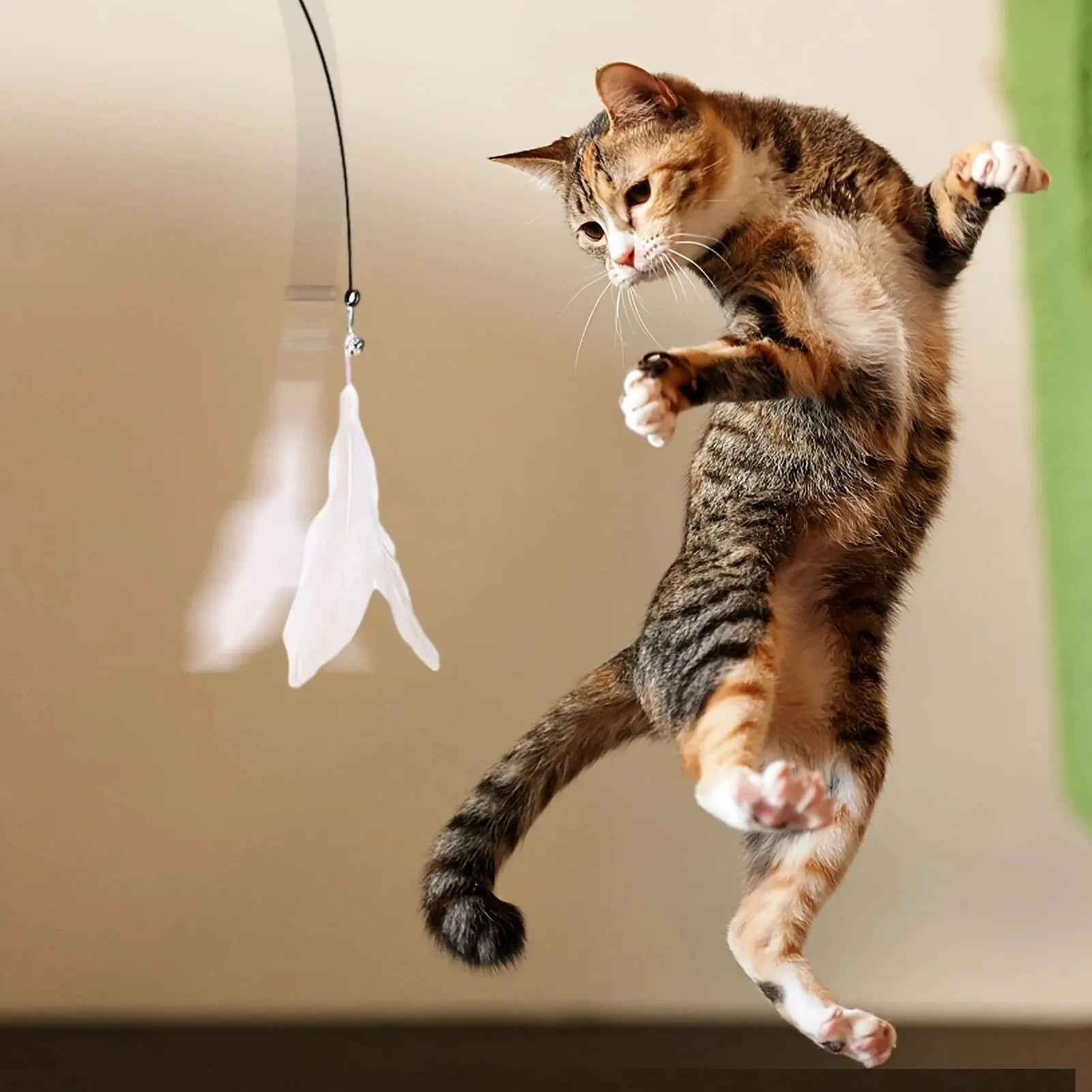 Interactive Cat Teaser Wand with Bell & Feather, Long Suction Cup Pole Toy for Indoor Cats Playtime