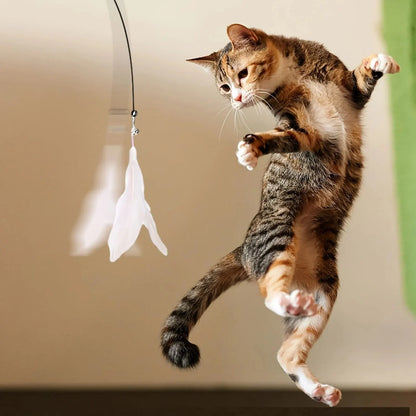 Interactive Cat Teaser Wand with Bell & Feather, Long Suction Cup Pole Toy for Indoor Cats Playtime