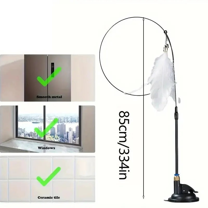 Interactive Cat Teaser Wand with Bell & Feather, Long Suction Cup Pole Toy for Indoor Cats Playtime