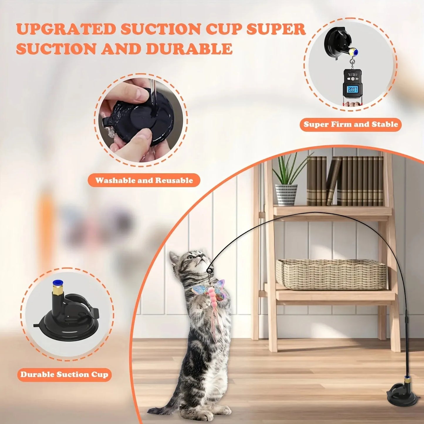 Interactive Cat Teaser Wand with Bell & Feather, Long Suction Cup Pole Toy for Indoor Cats Playtime