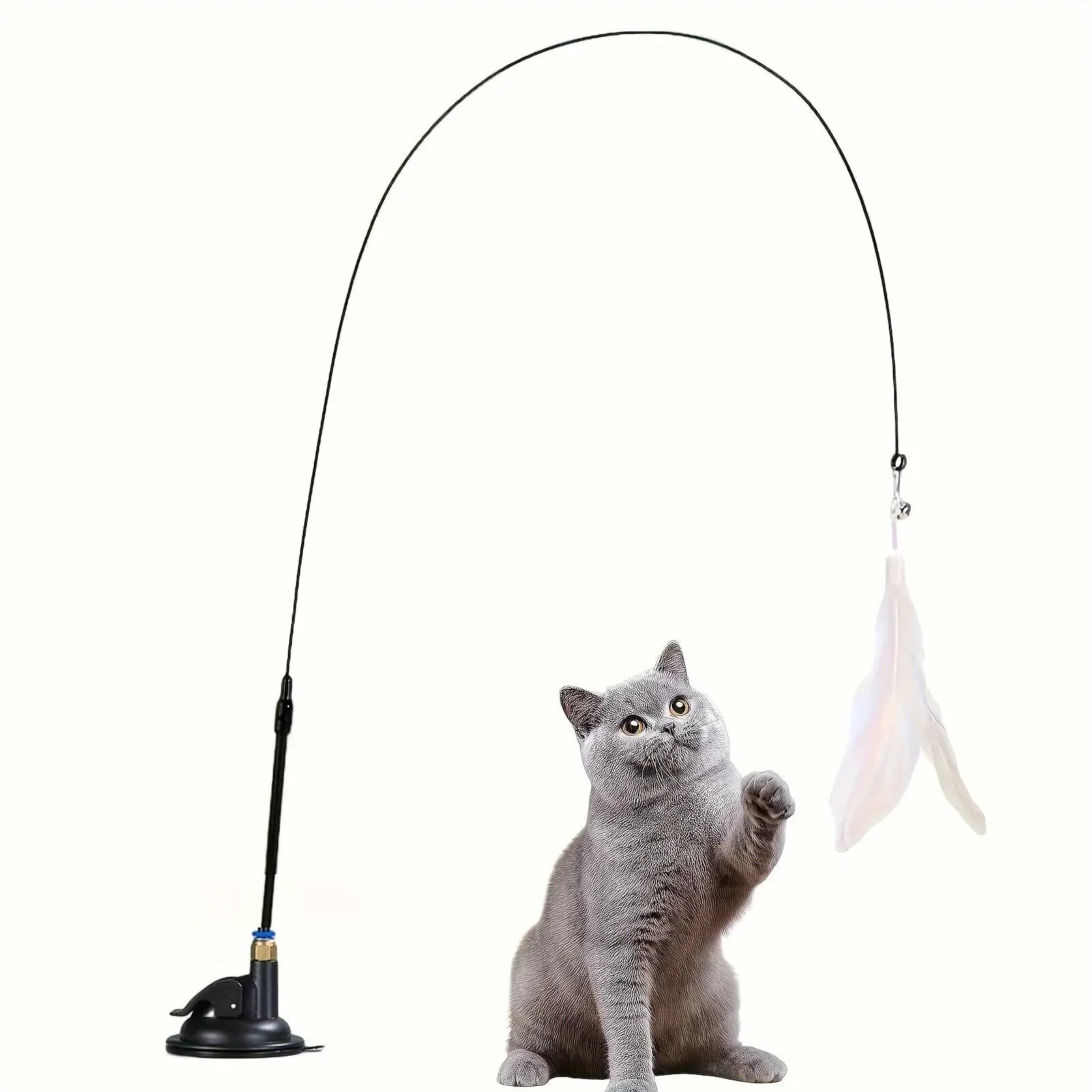 Interactive Cat Teaser Wand with Bell & Feather, Long Suction Cup Pole Toy for Indoor Cats Playtime